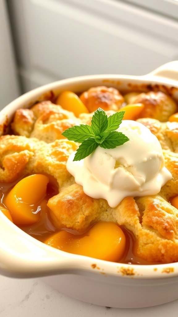 A delicious peach cobbler topped with vanilla ice cream and mint leaves.