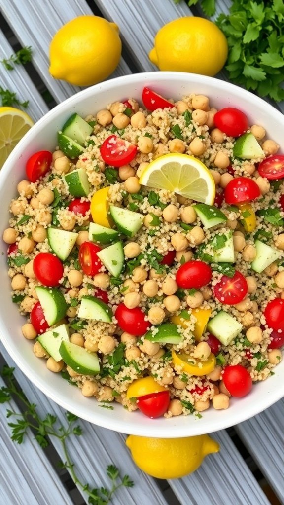 A colorful bowl of quinoa salad with chickpeas, cherry tomatoes, cucumbers, and lemon.