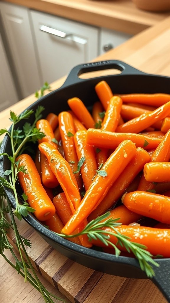 A skillet filled with savory garlic butter baby carrots garnished with parsley on a wooden countertop.