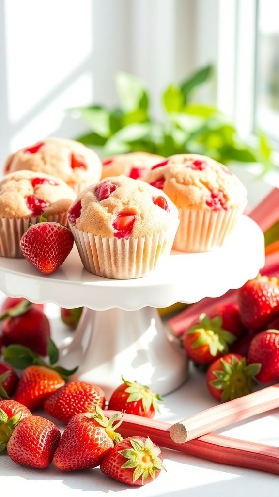 Freshly baked strawberry rhubarb muffins on a cake stand with strawberries and rhubarb around them.