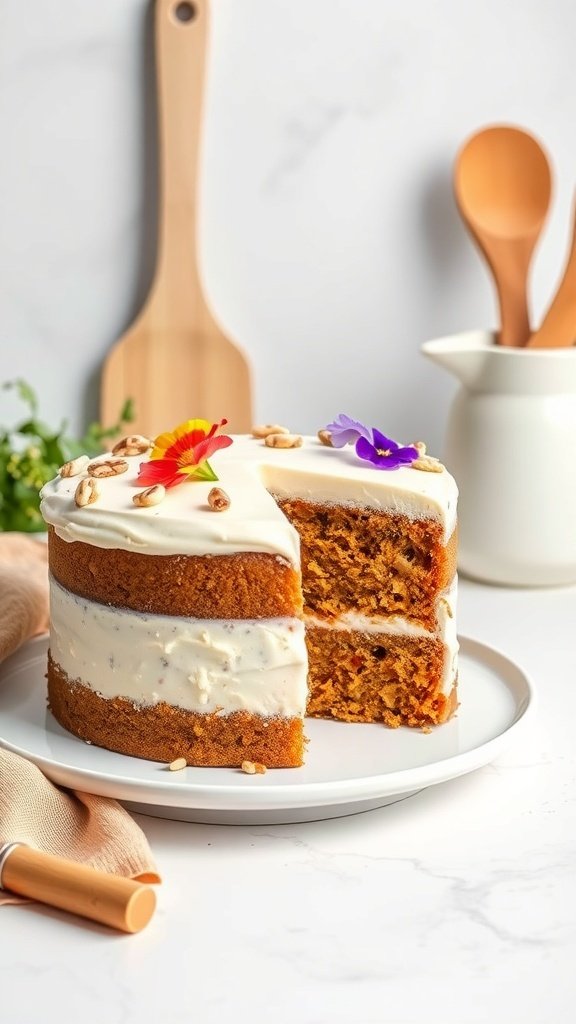A beautifully layered vegan carrot cake topped with cream cheese frosting and colorful edible flowers, set against a light background with kitchen utensils.