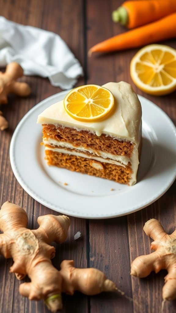 A slice of carrot ginger cake with citrus icing on a plate, surrounded by fresh ginger and carrots.