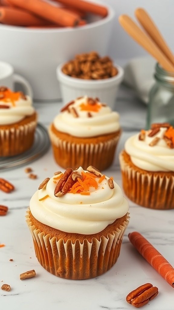 Gluten-free carrot cake cupcakes topped with cream cheese frosting, grated carrots, and pecans.