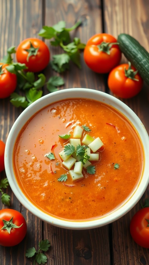 A bowl of chilled tomato soup garnished with diced apple and cilantro, surrounded by fresh tomatoes and cucumber.