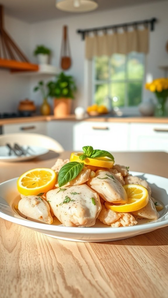 Plate of Lemon Basil Chicken garnished with lemon slices and basil leaves