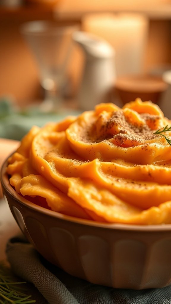 A bowl of creamy brown sugar carrot mash topped with pepper, showcasing a smooth texture and vibrant color.