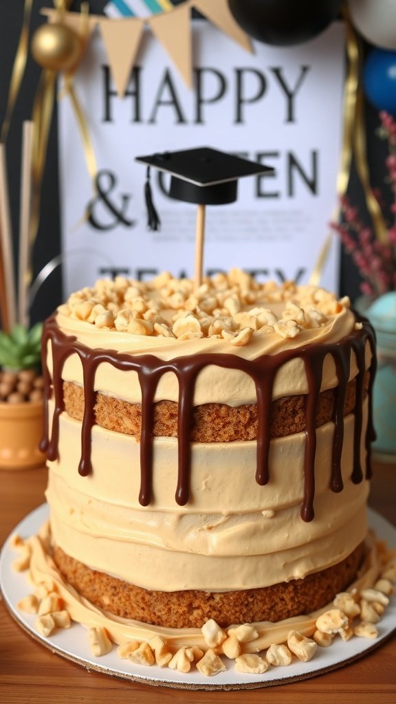 A layered peanut butter cake with chocolate drizzle and a graduation cap on top, celebrating a graduation.