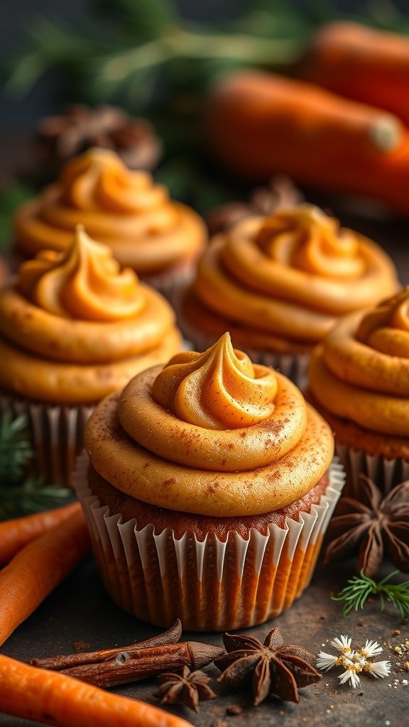 Delicious carrot cupcakes topped with creamy frosting and surrounded by fresh carrots and spices.