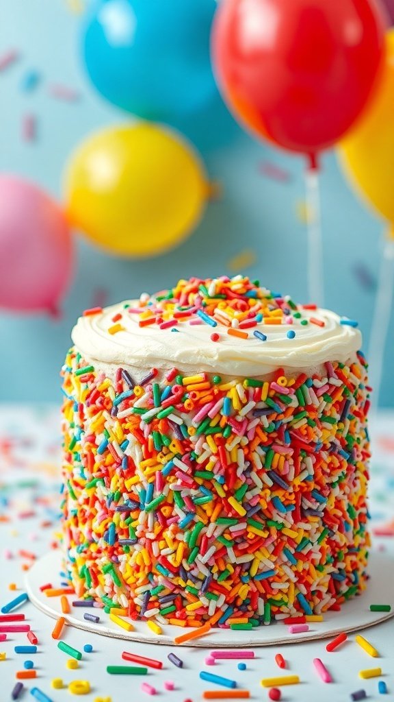 A colorful funfetti cake covered in sprinkles, surrounded by balloons