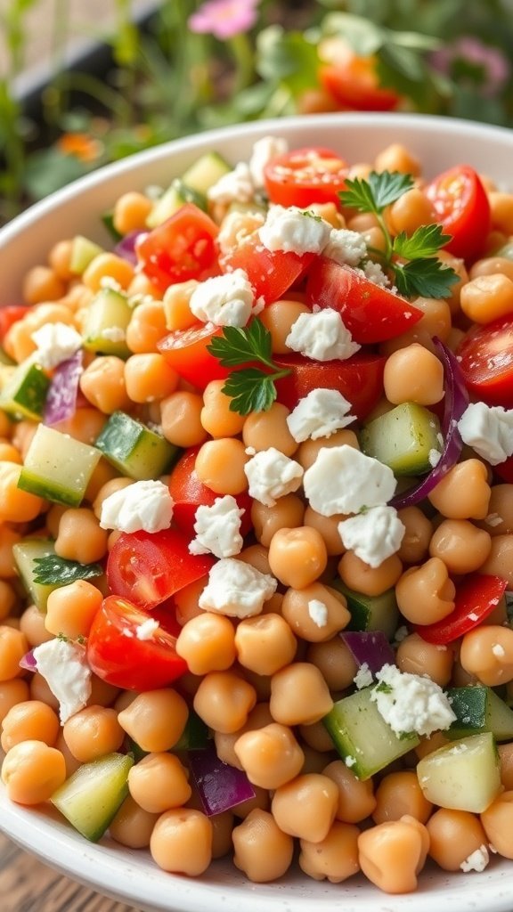 A colorful Mediterranean Chickpea Salad with feta cheese, cherry tomatoes, cucumbers, and parsley.