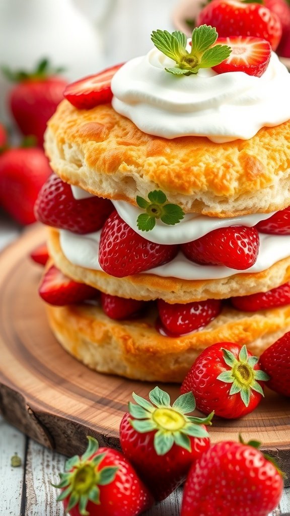 A delicious strawberry shortcake with layers of fluffy biscuits, fresh strawberries, and whipped cream.