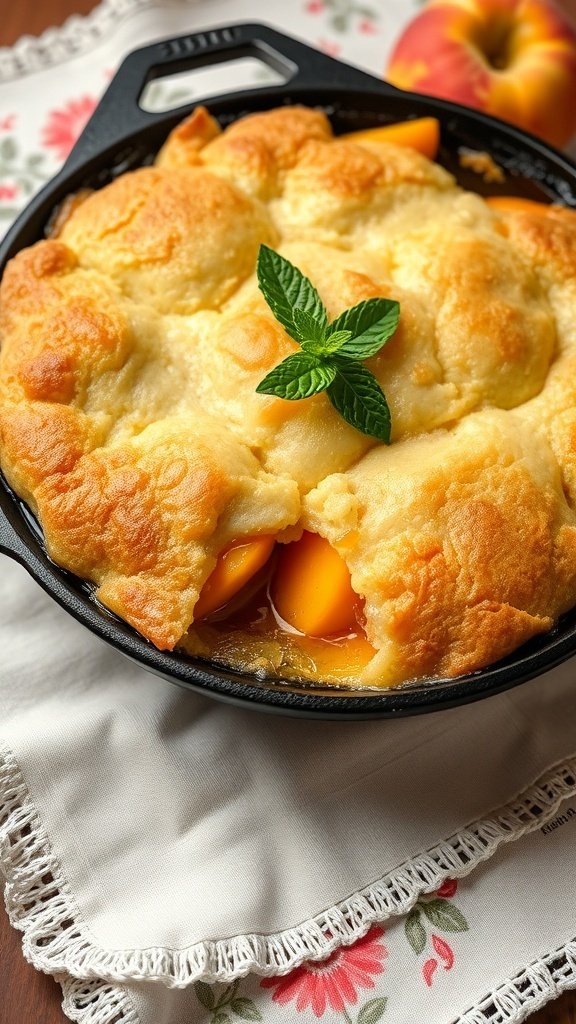 A freshly baked peach cobbler in a cast iron skillet, topped with a sprig of mint.