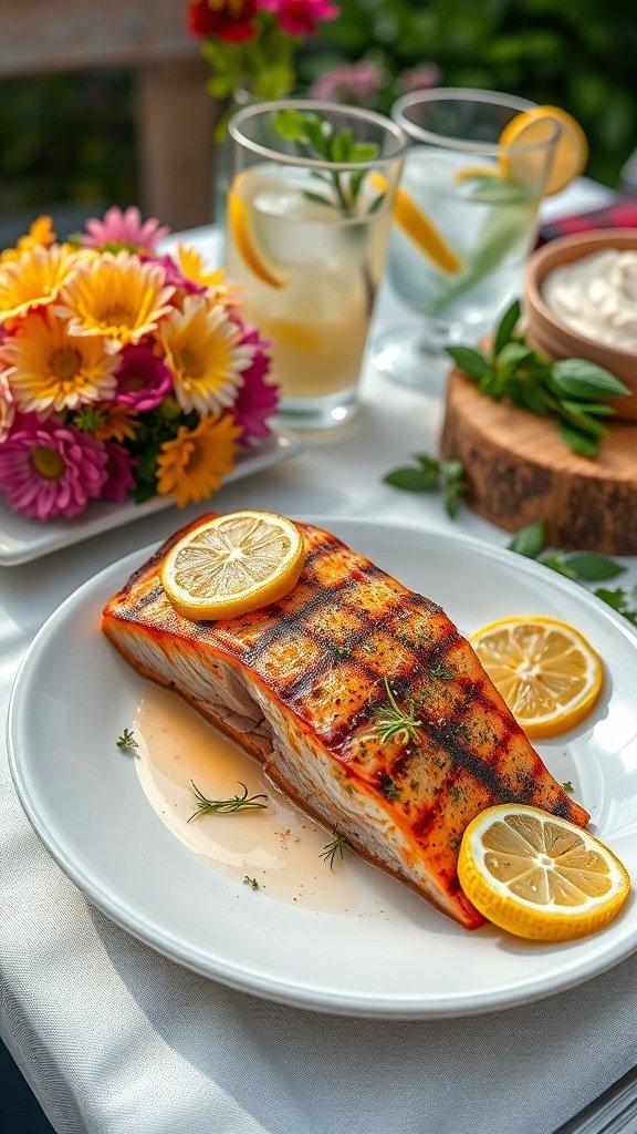 Grilled salmon garnished with lemon slices and herbs, served with refreshing drinks and flowers.