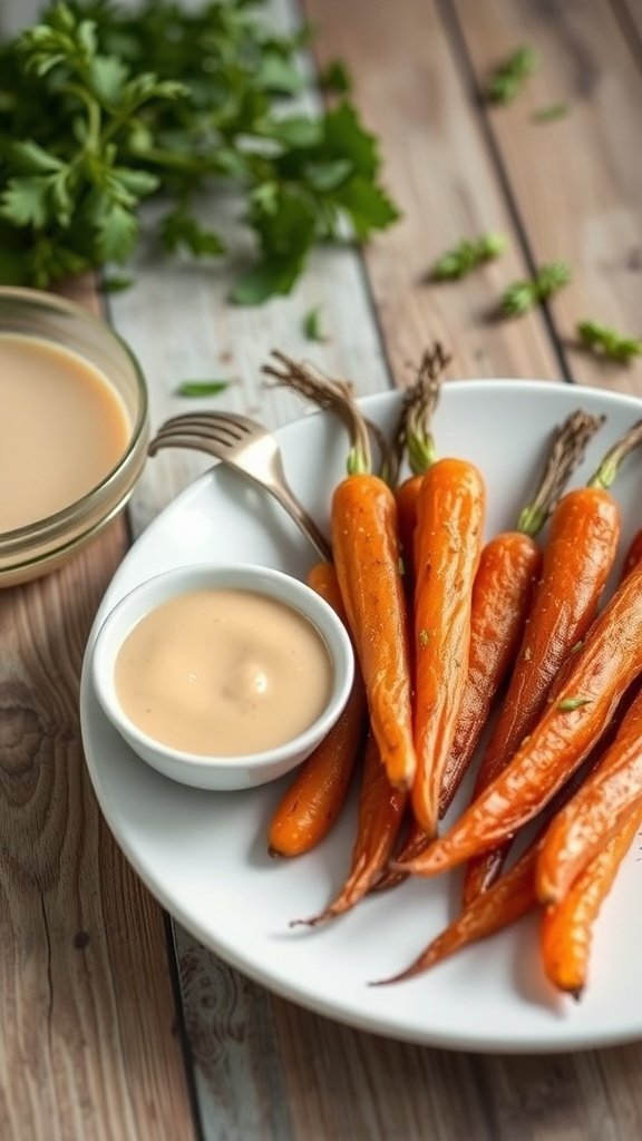 A plate of roasted air fryer carrots served with a creamy dipping sauce.