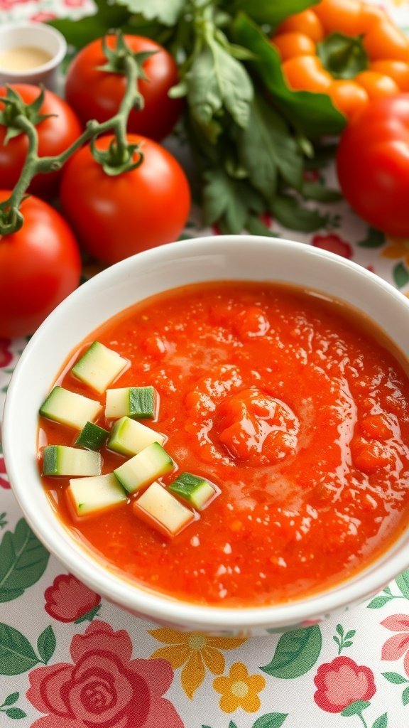 A bowl of chilled gazpacho with diced cucumbers on top, surrounded by fresh tomatoes and vegetables.