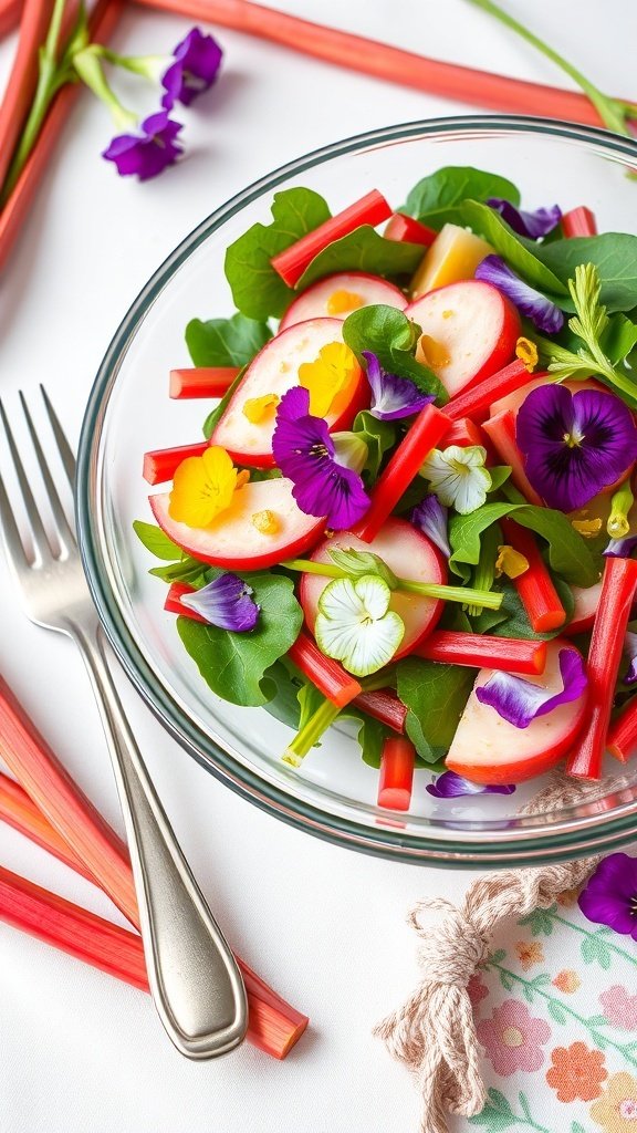 A colorful rhubarb salad with spinach, apples, and edible flowers in a glass bowl.