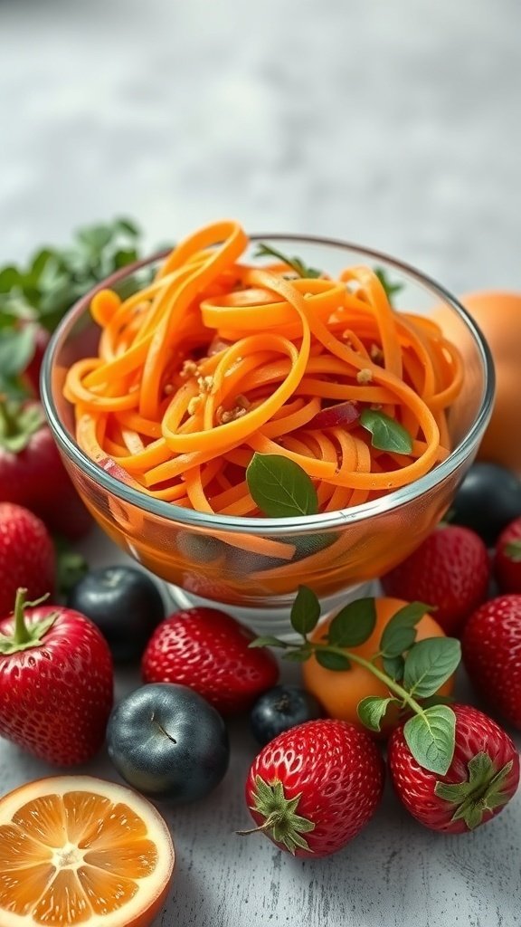 A bowl of carrot ribbon salad with strawberries and blueberries, garnished with mint.
