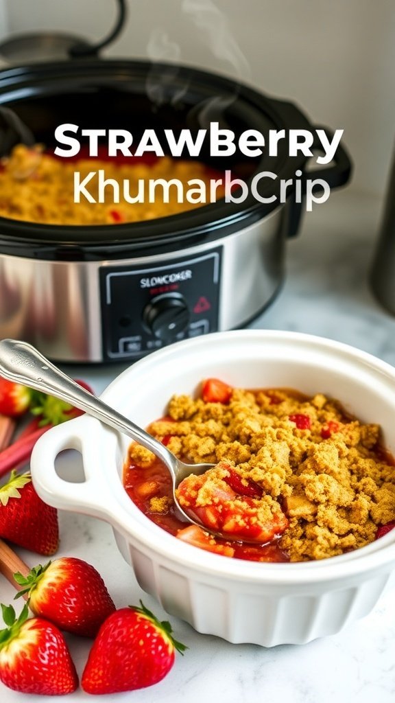 A slow cooker filled with strawberry rhubarb crisp, with a serving in a white bowl and fresh strawberries and rhubarb beside it.