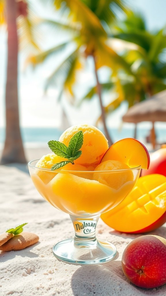 A bowl of mango sorbet with fresh mango slices and mint leaves, set against a tropical beach background.