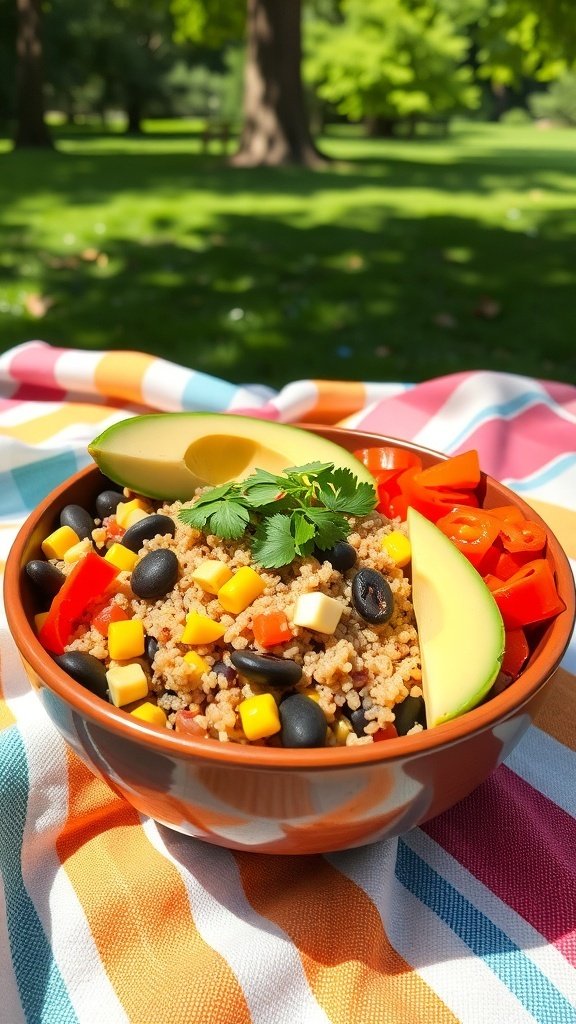A colorful grain bowl with couscous, black beans, diced bell peppers, corn, avocado, and cheese on a picnic blanket.