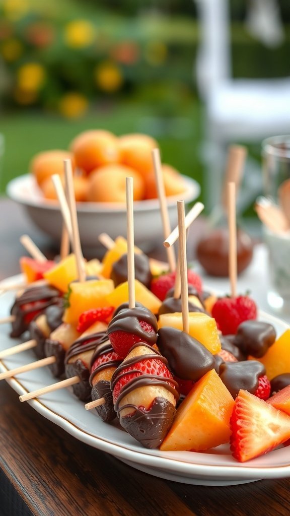 A plate of colorful chocolate-dipped fruit skewers featuring strawberries, pineapple, and melon.