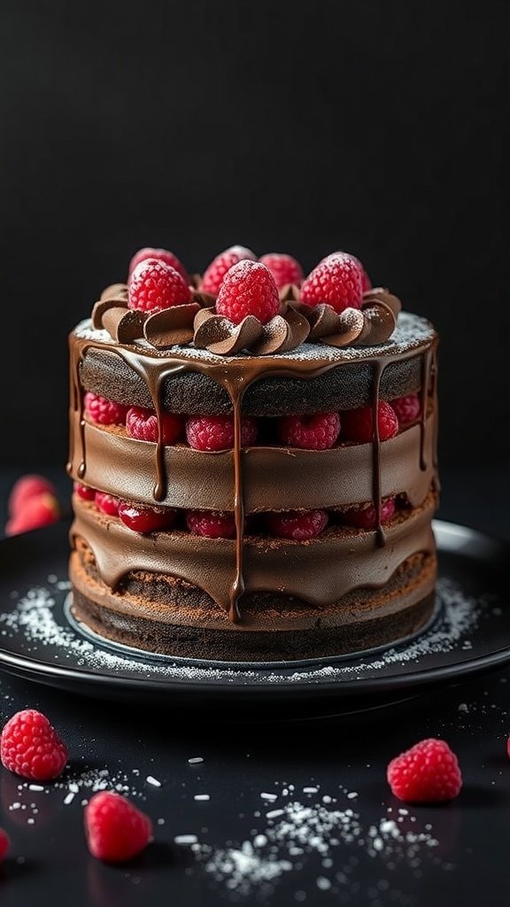 A beautifully layered chocolate raspberry cake topped with fresh raspberries and chocolate ganache.