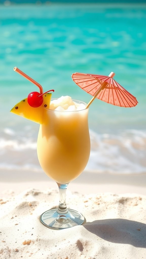 A tropical cocktail with a pineapple slice, cherry, and umbrella, set against a beach background.