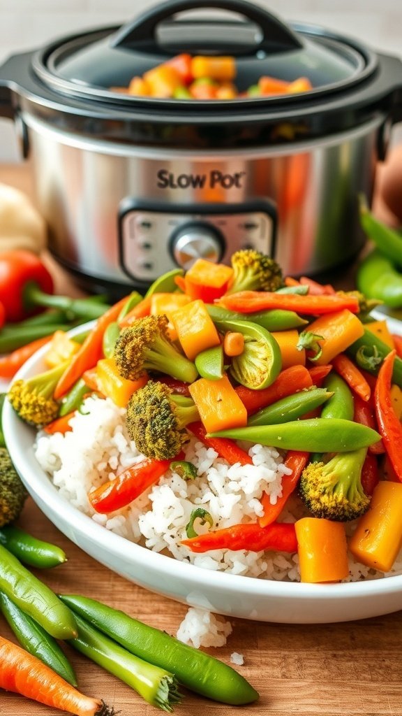 A colorful veggie stir-fry with broccoli, bell peppers, and snap peas served over rice, with a slow cooker in the background.