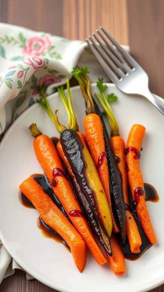 A plate of sweet and sour rainbow carrots drizzled with balsamic glaze, garnished with fresh herbs.