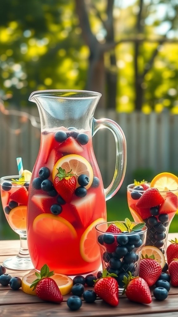 A pitcher of fruity berry lemonade with strawberries and blueberries, served with glasses and fresh fruit.