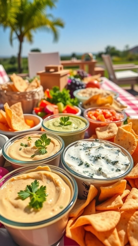 A vibrant picnic spread featuring various dips and spreads with chips and fresh vegetables.
