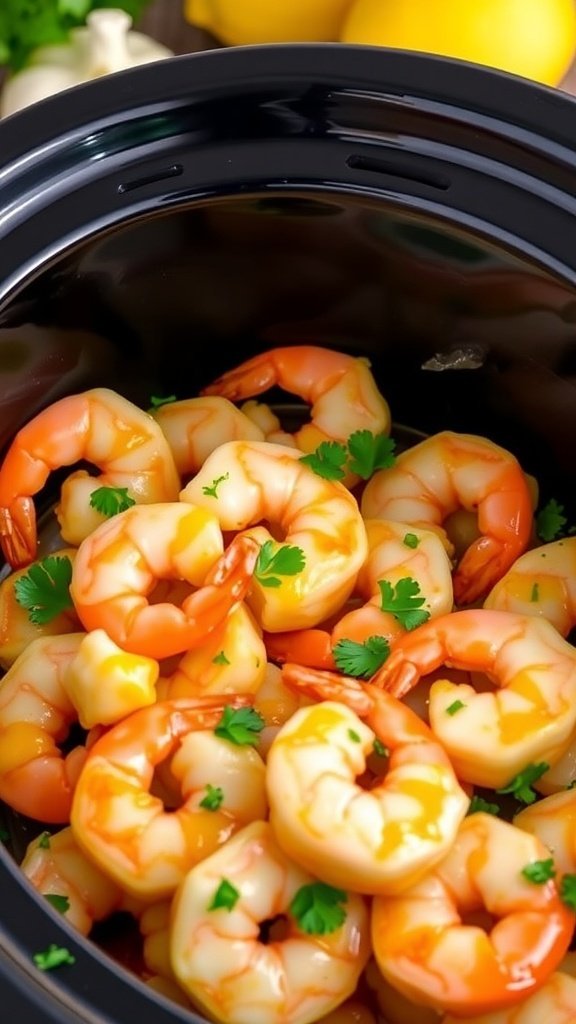 Crockpot filled with lemon garlic shrimp garnished with cilantro