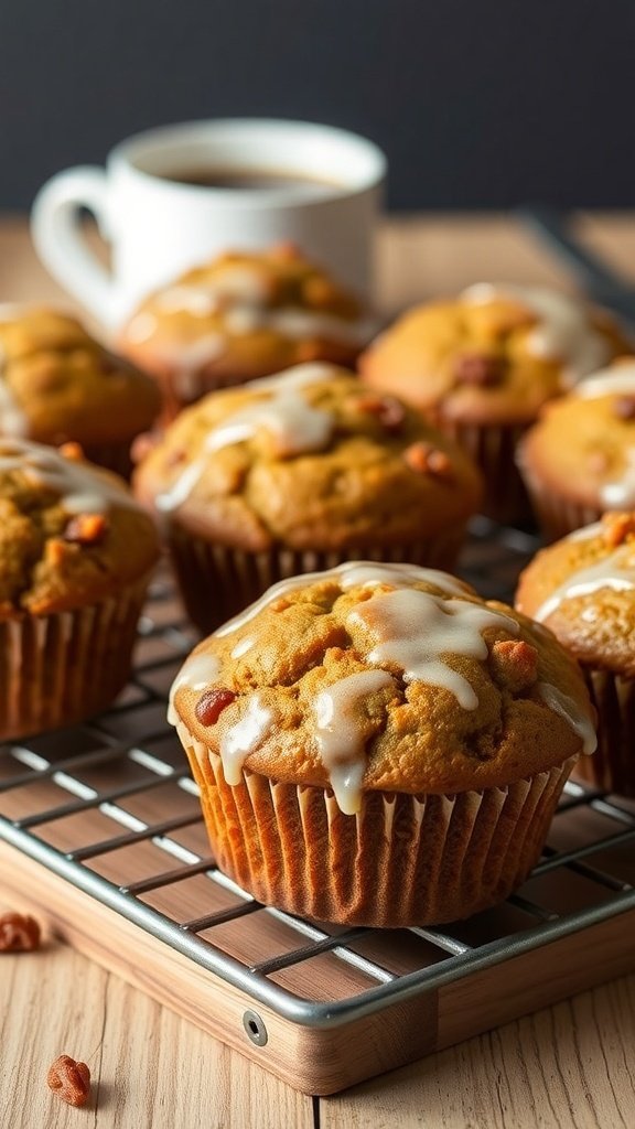 Freshly baked carrot cake muffins with a light glaze on a cooling rack, accompanied by a cup of coffee.