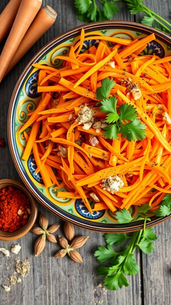 A colorful zesty carrot salad with spices and herbs in a decorative bowl.