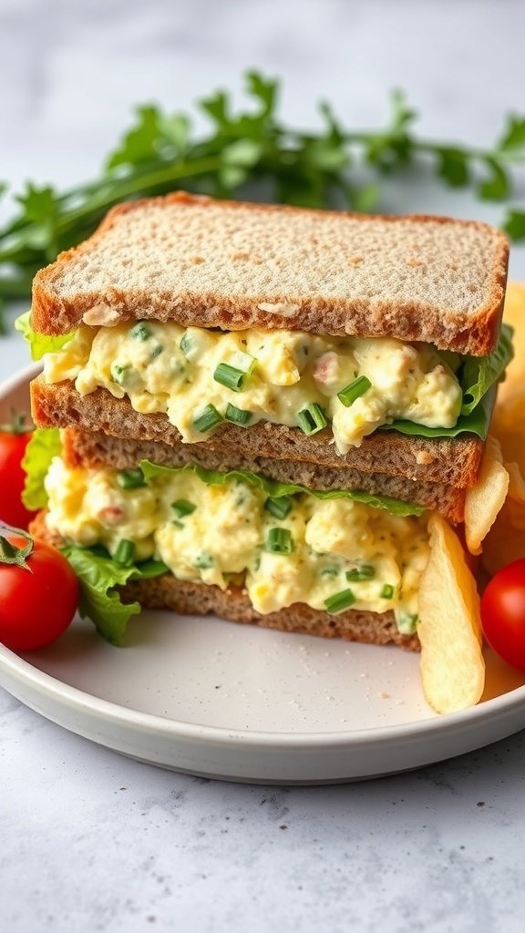 A delicious egg salad sandwich with chives, served on whole grain bread with cherry tomatoes on the side.
