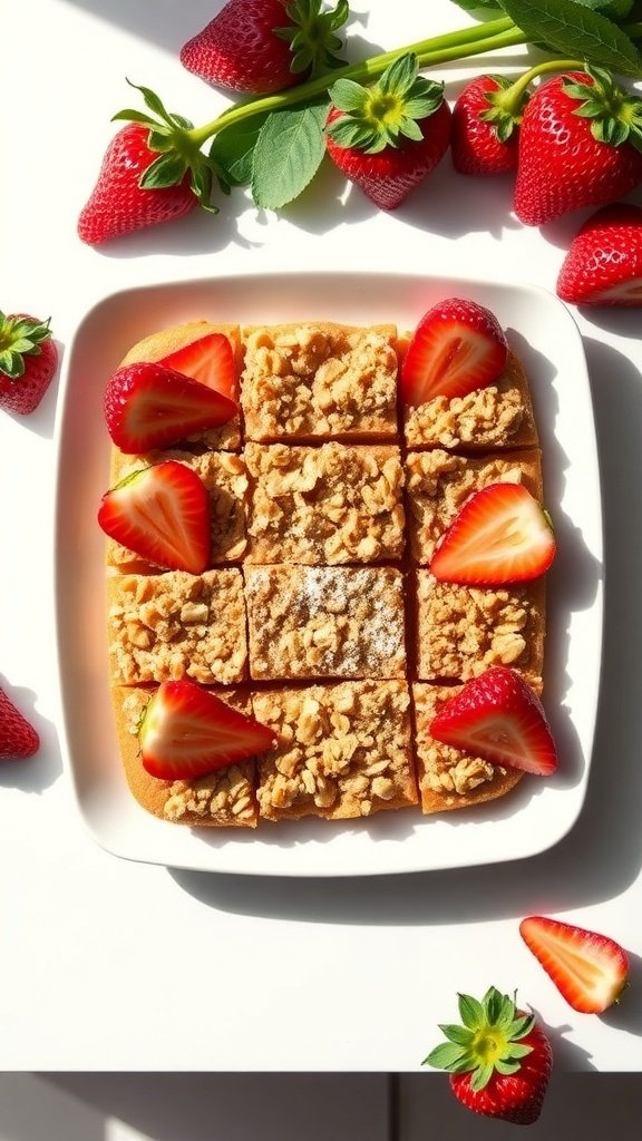 Rhubarb and strawberry crumble bars on a plate, garnished with fresh strawberries.