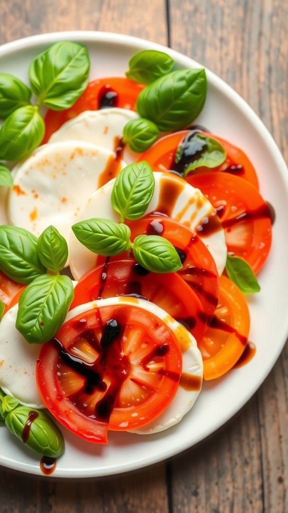 A vibrant Caprese salad featuring slices of tomatoes and mozzarella topped with fresh basil and balsamic reduction.