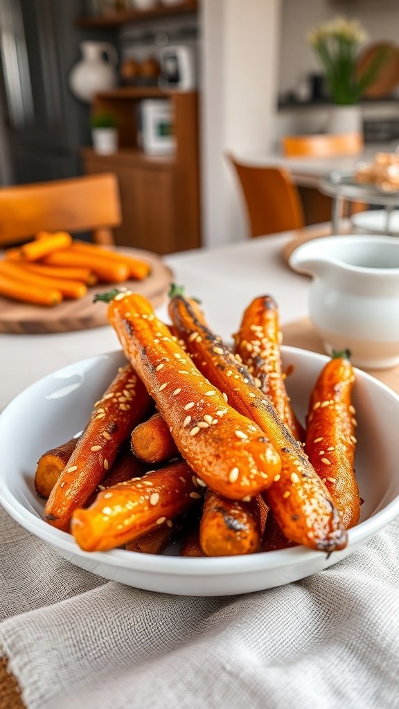 A bowl of sweet honey glazed air fryer carrots, garnished with sesame seeds, with fresh carrots in the background.