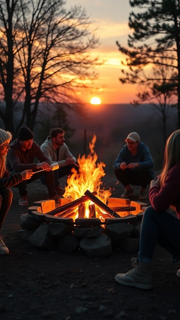 A group of friends gathered around a bonfire at sunset, roasting marshmallows.