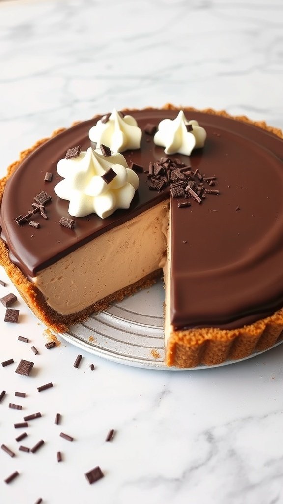 A delicious no-bake chocolate cream pie topped with whipped cream and chocolate shavings, with a slice cut out.