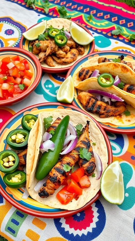 Colorful grilled chicken tacos with fresh toppings on a vibrant tablecloth.
