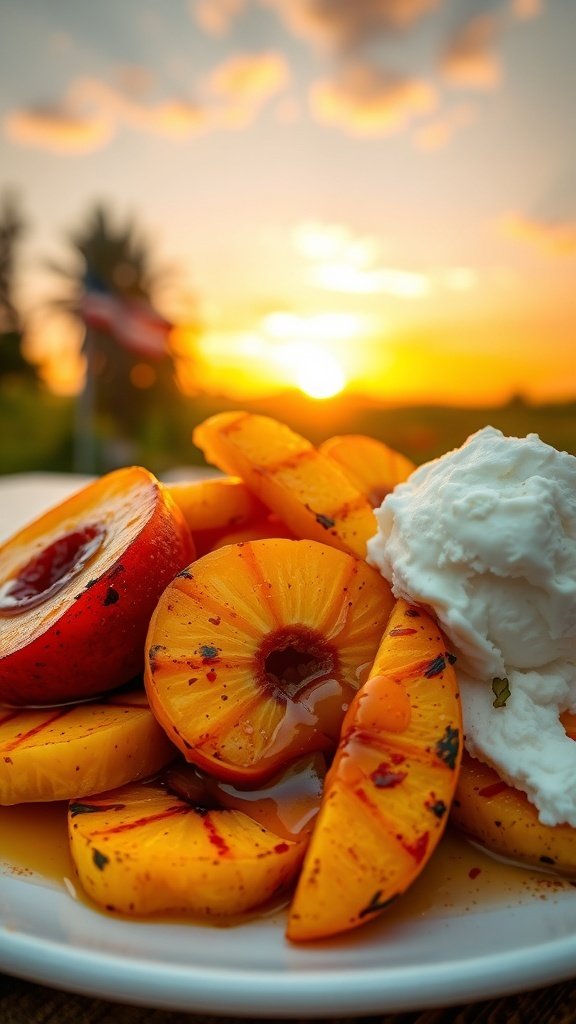 Grilled peaches and pineapples with whipped cream on a plate during sunset