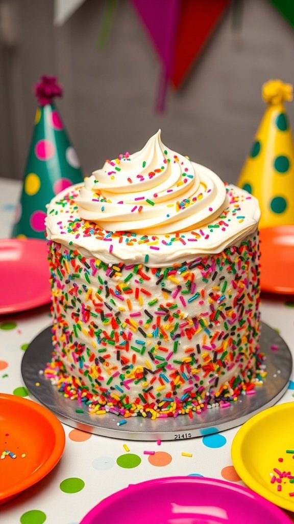A colorful funfetti graduation cake decorated with sprinkles and frosting, surrounded by party hats and plates.