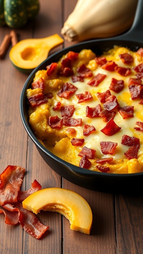 A delicious bacon and cheese squash casserole topped with crispy bacon bits, surrounded by fresh squash.
