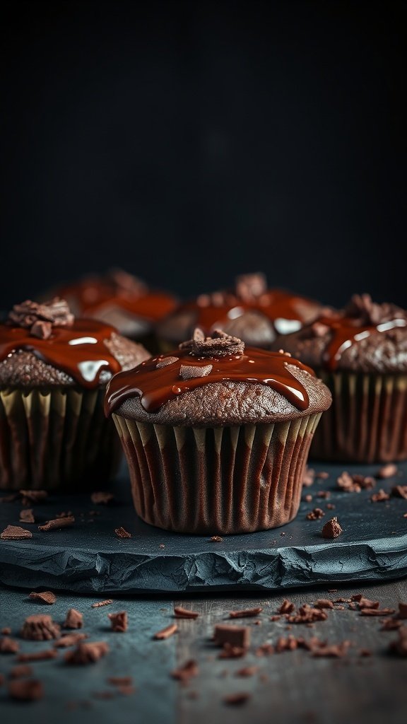 Rich chocolate rhubarb muffins with chocolate glaze and shavings on a slate board.