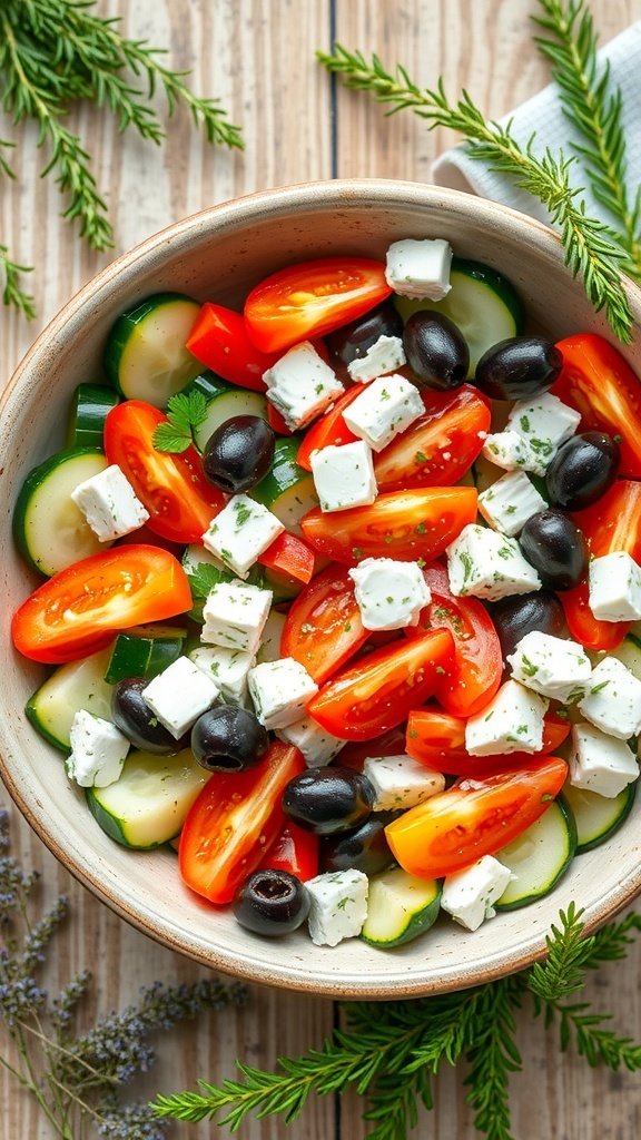 A bowl of Greek salad with tomatoes, cucumbers, bell peppers, olives, and feta cheese.