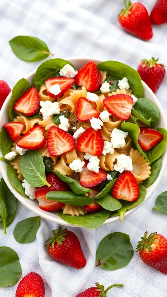 A bowl of strawberry spinach pasta salad with fresh strawberries and spinach leaves.