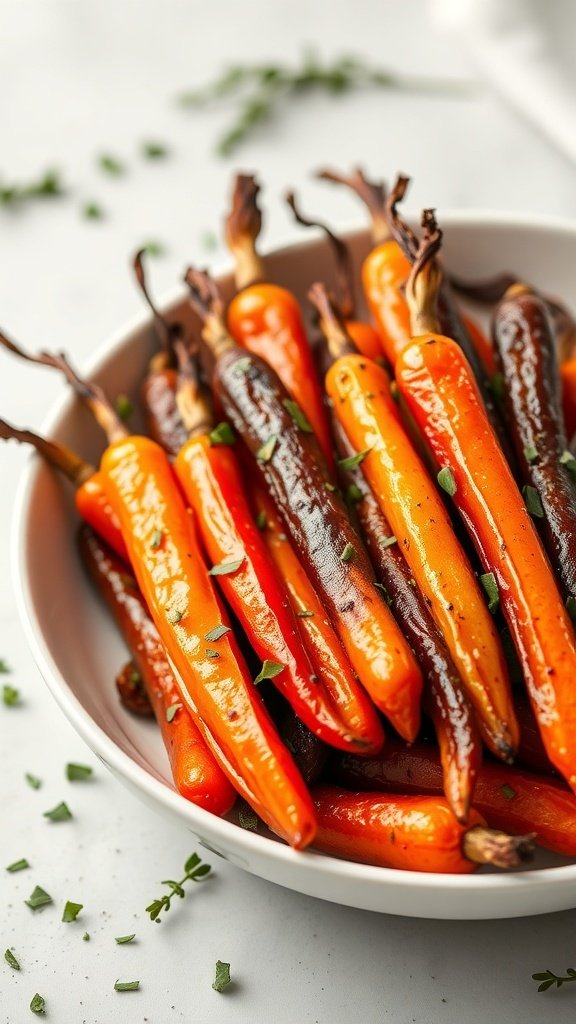A bowl of roasted rainbow carrots, showcasing vibrant colors of orange, purple, and yellow, garnished with fresh herbs.