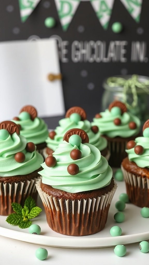 Mint chocolate graduation cupcakes with green frosting and chocolate decorations.