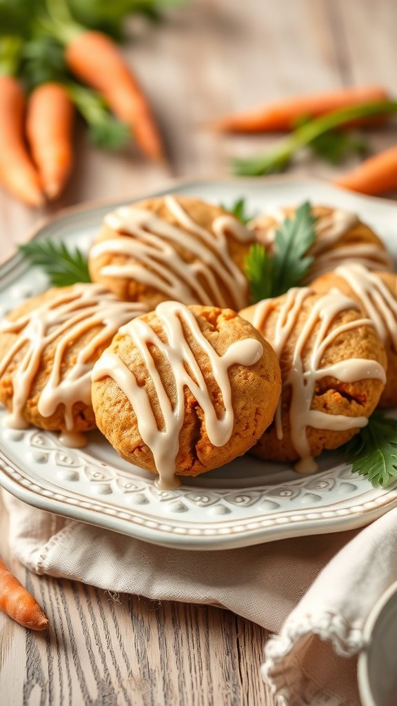 Plate of maple-glazed carrot cake cookies with fresh carrots in the background